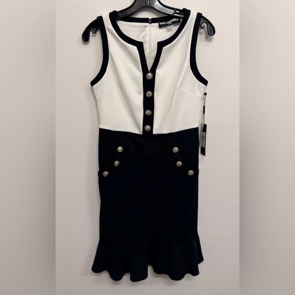 Karl Lagerfeld Black and White Sleeveless Mermaid Dress with Button Accents
